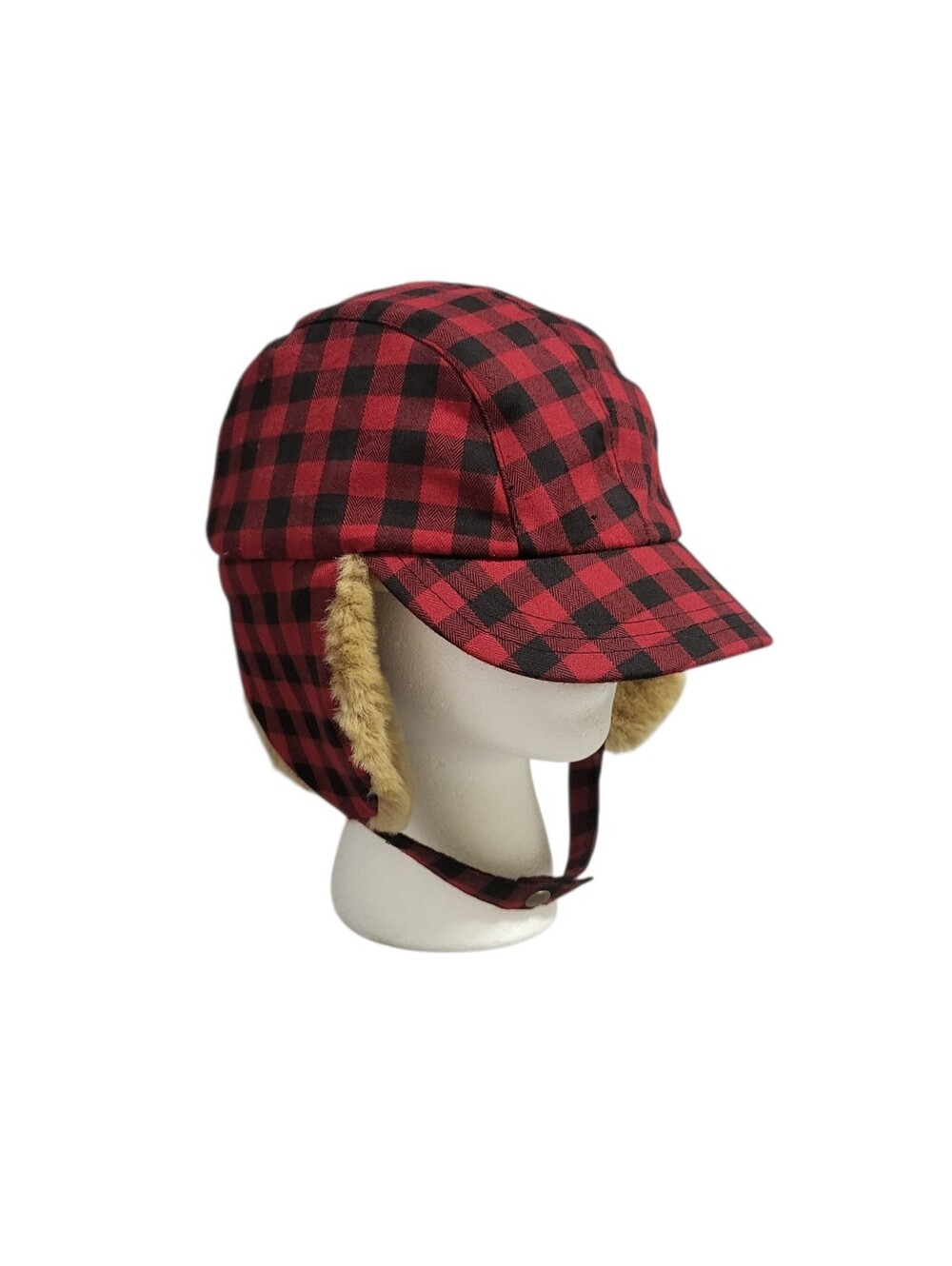 J.Crew Trapper Hat Size L - XL Red Black Buffalo Plaid Faux Fur Lined Ear Flaps